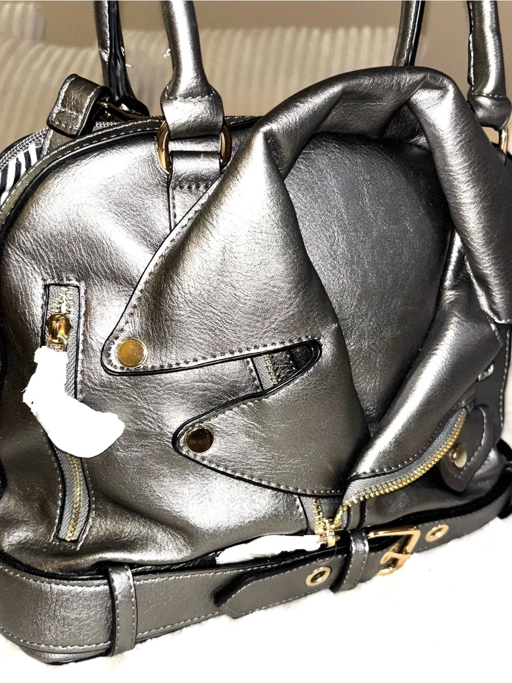 LA MIEL Grey Moto-Style Satchel with Belt Detail
